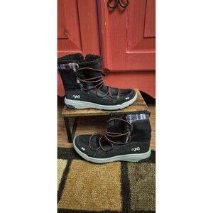 Ryka Alyssa Boots Size 7 Black & Plaid Faux Fur Water-Repellant Red Accent EUC